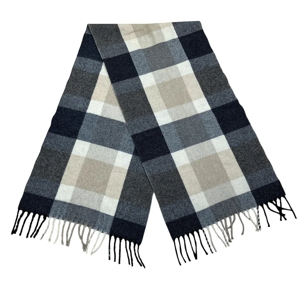 Amicale 100% Cashmere Rectangular Scarf 48x12 Gray Brown Plaid Fringe Soft Warm